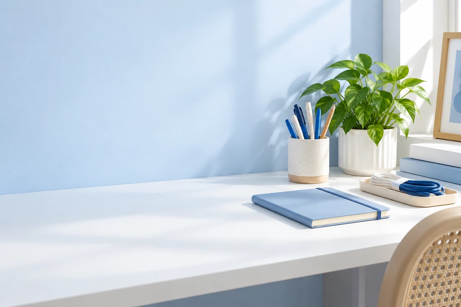 Mesa organizada com caderno, planta e cabos reunidos